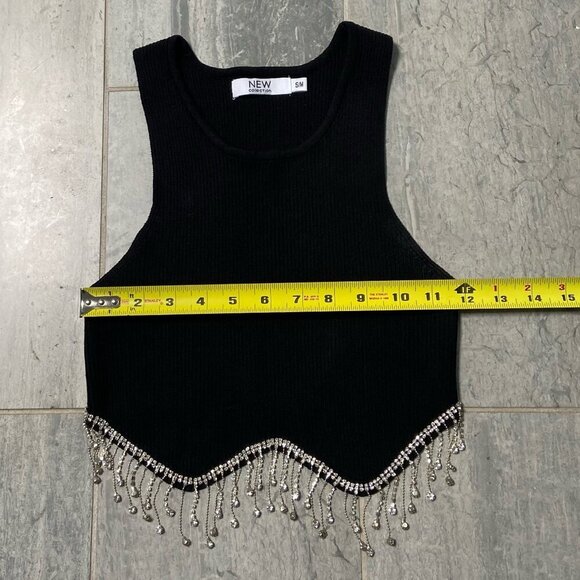 NEW Collection Rhinestone Fringe Trim Ribbed Stretchy Crop Tank Top Black Sz S/M - Picture 7 of 10
